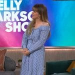 Kelly’s blue striped belted dress on The Kelly Clarkson Show