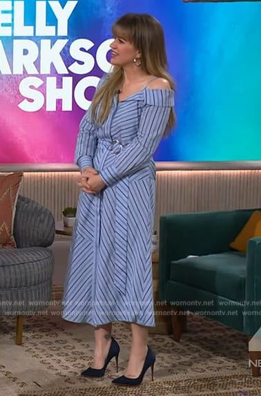 Kelly’s blue striped belted dress on The Kelly Clarkson Show