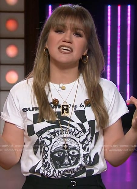 Kelly's white sublime graphic tee on The Kelly Clarkson Show