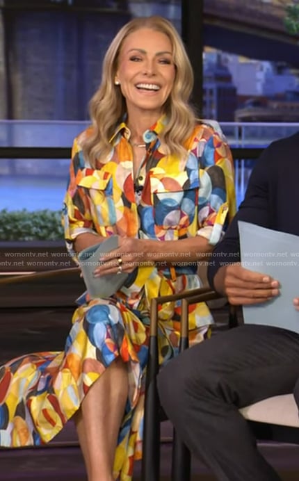 Kelly’s multicolor printed shirtdress on Live with Kelly and Ryan