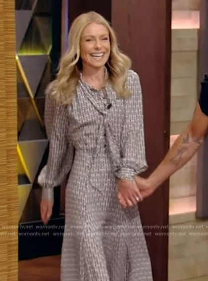 Kelly's printed tie neck dress on Live with Kelly and Mark