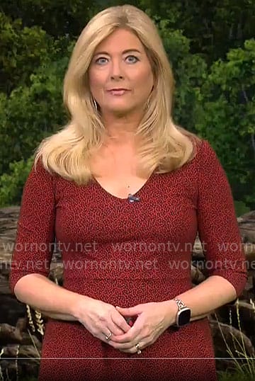 Kelly Cass’ red printed v-neck dress on CBS Mornings