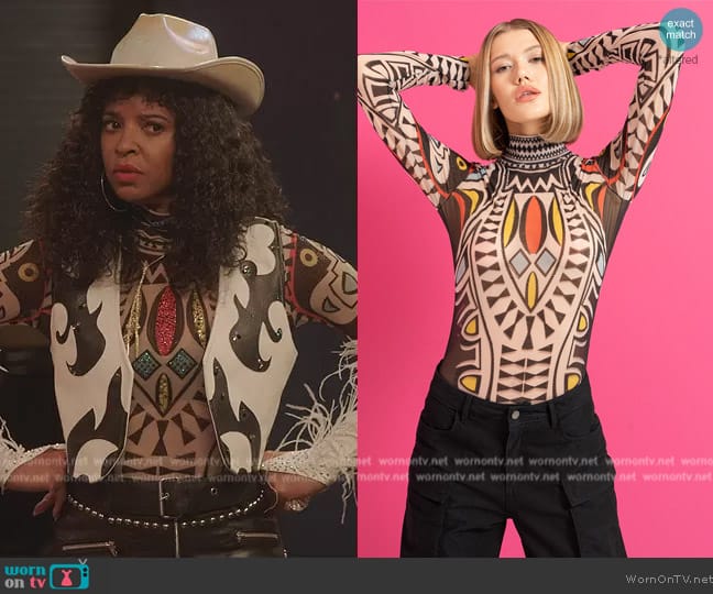 Kikiriki Nude and Yellow Mock Neck Embellished Mesh Bodysuit worn by Wickie Roy (Renée Elise Goldsberry) on Girls5eva