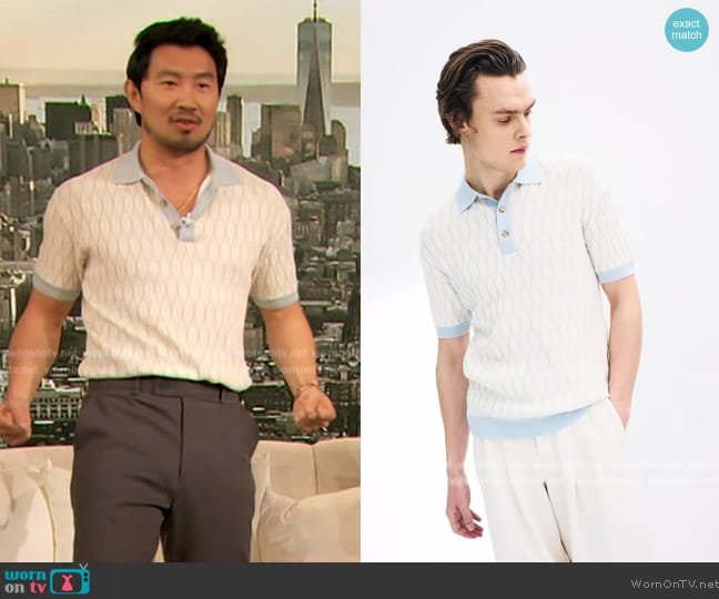 King and Tuckfield Textured Pattern Merino Wool Polo worn by Simu Liu on The Drew Barrymore Show