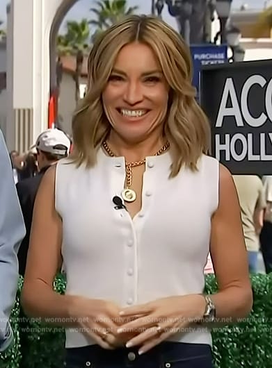 Kit’s white button sleeveless top on Access Hollywood