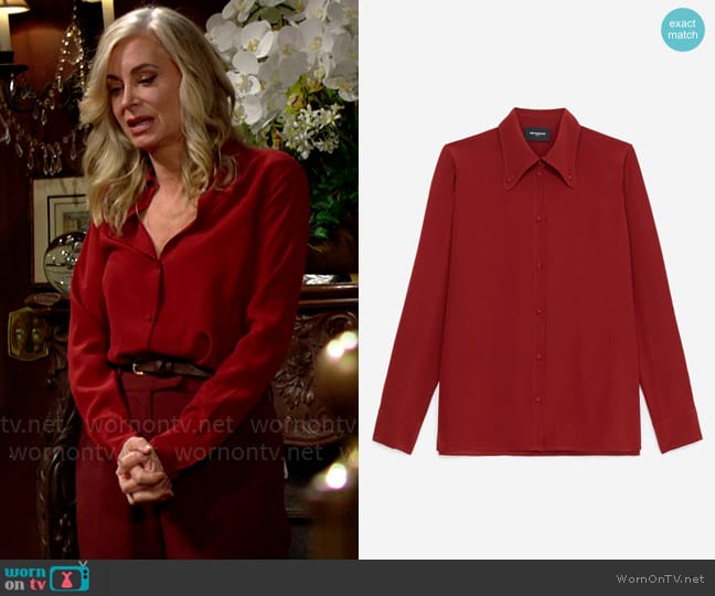 The Kooples Burgundy Silk Shirt with Buttoned Collar worn by Ashley Abbott (Eileen Davidson) on The Young and the Restless