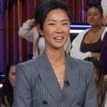 Kristen Kish’s gray pinstripe blazer and pants on The Kelly Clarkson Show