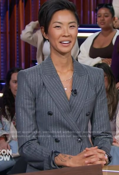 Kristen Kish’s gray pinstripe blazer and pants on The Kelly Clarkson Show