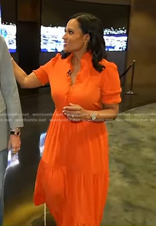 Kristen's orange ruffle trim midi dress on Today