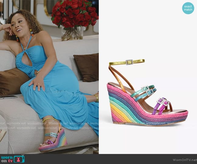 Kurt Geiger London Pierra rainbow-print espadrille leather wedges worn by Ashley Darby on The Real Housewives of Potomac