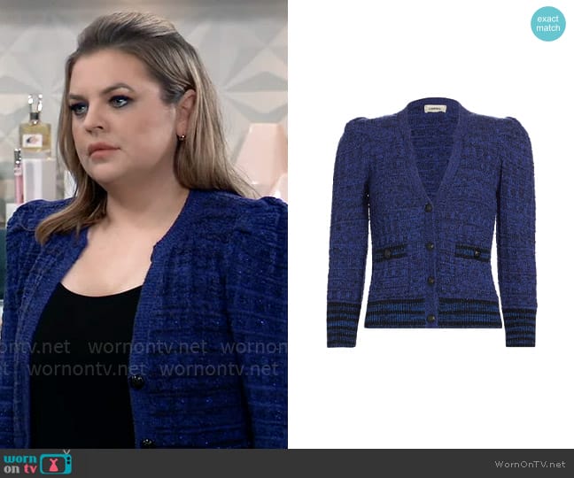 L'Agence Jenni Cardigan in Blue worn by Maxie Jones (Kirsten Storms) on General Hospital