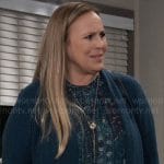 Laura’s teal printed blouse and cardigan on General Hospital