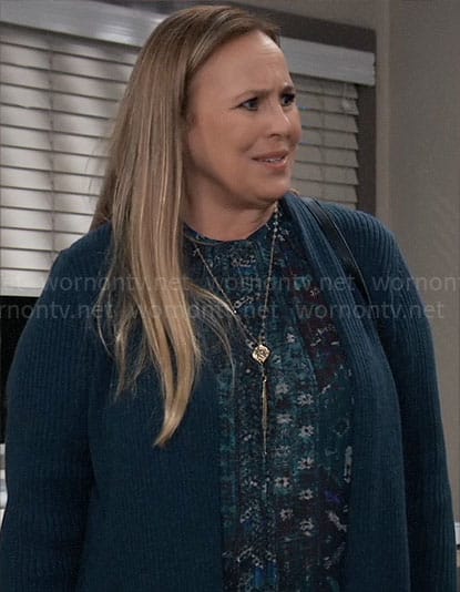 Laura's teal printed blouse and cardigan on General Hospital