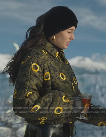 Leila’s green printed puffer jacket on Death and Other Details