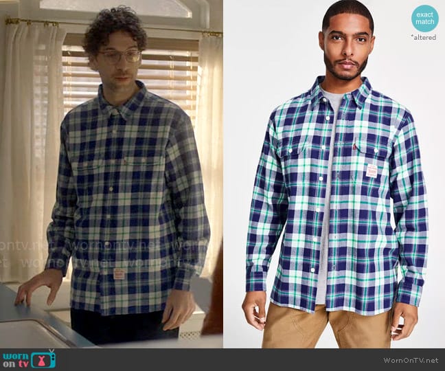 Levis Worker Relaxed-Fit Plaid Button-Down Shirt in Ivan Plaid Dusty Aqua worn by Edward (Rick Glassman) on Not Dead Yet