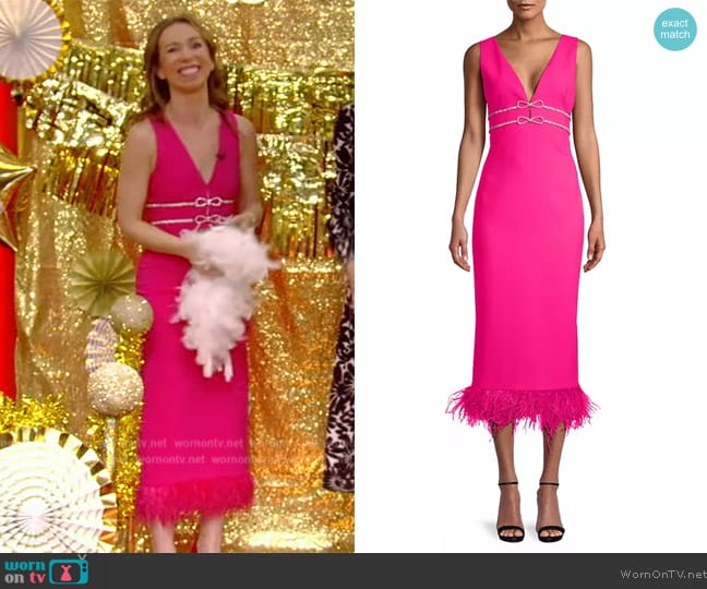 Likely Corianne Crystal Bow & Feather Midi Dress worn by Shannon Doherty on Live with Kelly and Mark