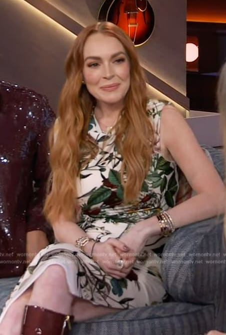 Lindsay Lohan's floral print dress on The Kelly Clarkson Show