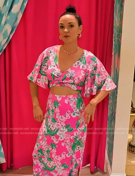 Lindsay's pink floral print top and skirt set on Access Hollywood