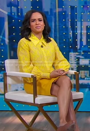 Linsey’s yellow printed blouse and skirt on Good Morning America