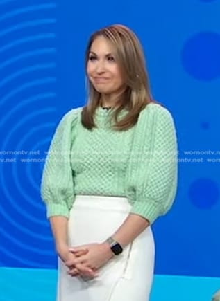 Lori's green cable knit puff sleeve sweater on Good Morning America