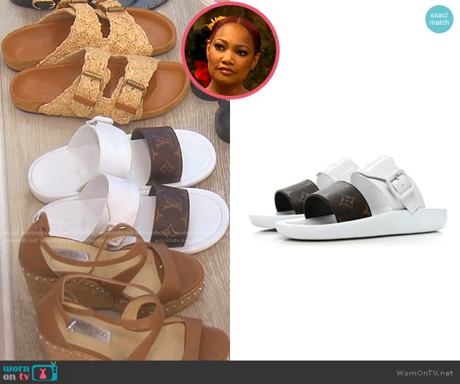 Louis Vuitton Monogram Sunbath Flat Mule Sandals worn by Garcelle Beauvais on The Real Housewives of Beverly Hills