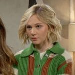 Lucy’s green and brown cardigan on The Young and the Restless