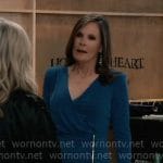 Lucy’s blue ruched zip front dress on General Hospital