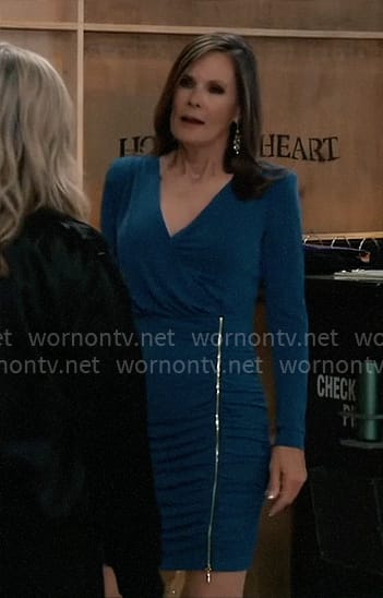 Lucy's blue ruched zip front dress on General Hospital