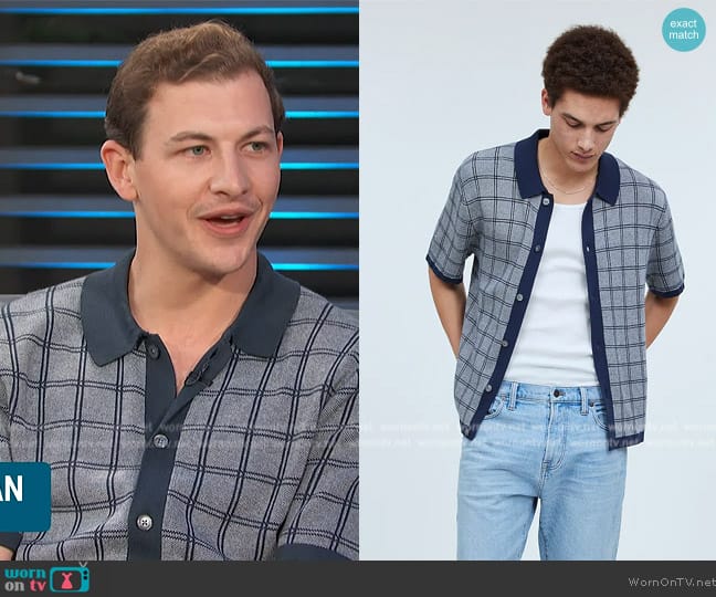 Madewell Button-Up Sweater Polo Shirt in Plaid worn by Tye Sheridan on Access Hollywood