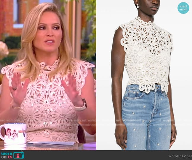 Maje Sequin-embellished crochet-knit top worn by Sara Haines on The View