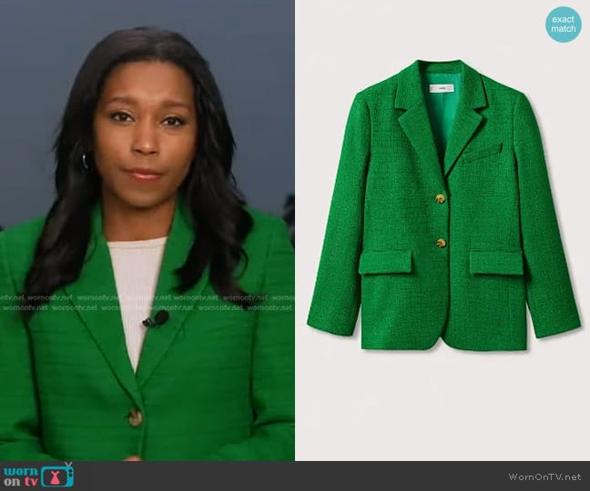 Mango Buttons Tweed Blazer in Green worn by Rachel Scott on Good Morning America