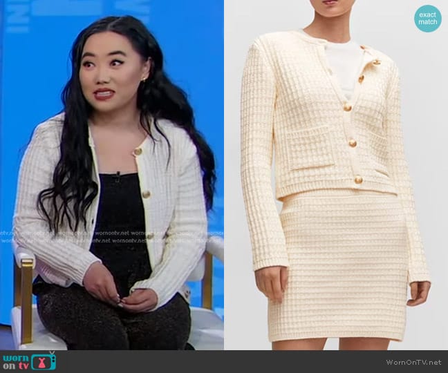 Mango Patch Pocket Cardigan in Off White worn by Maggie Grout on Good Morning America