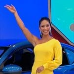 Manuela’s yellow one-shoulder dress on The Price is Right