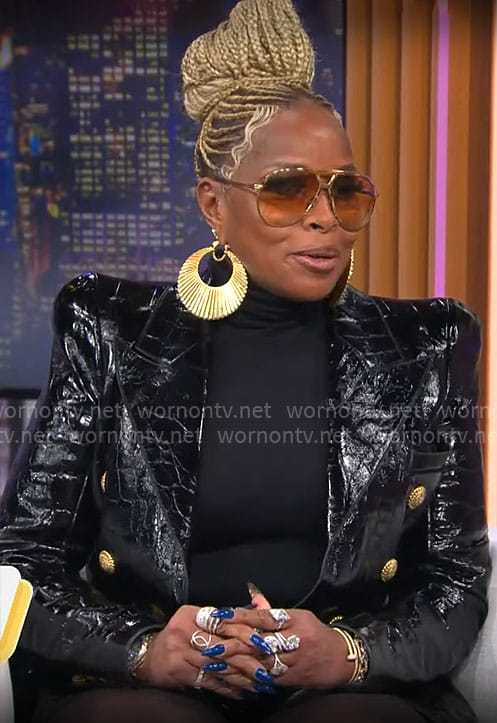 Mary J Blige's black leather blazer, sunglasses, and earrings on CBS Mornings