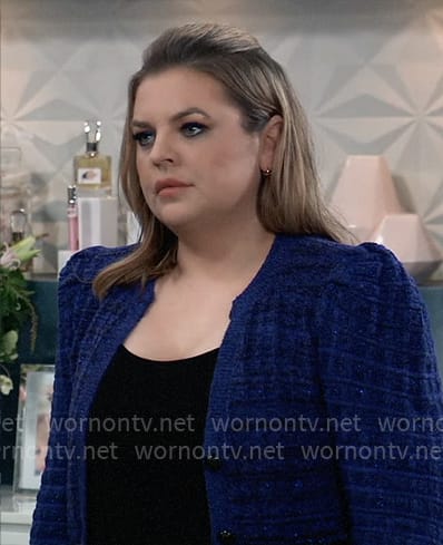 Maxie's blue tweed cardigan on General Hospital