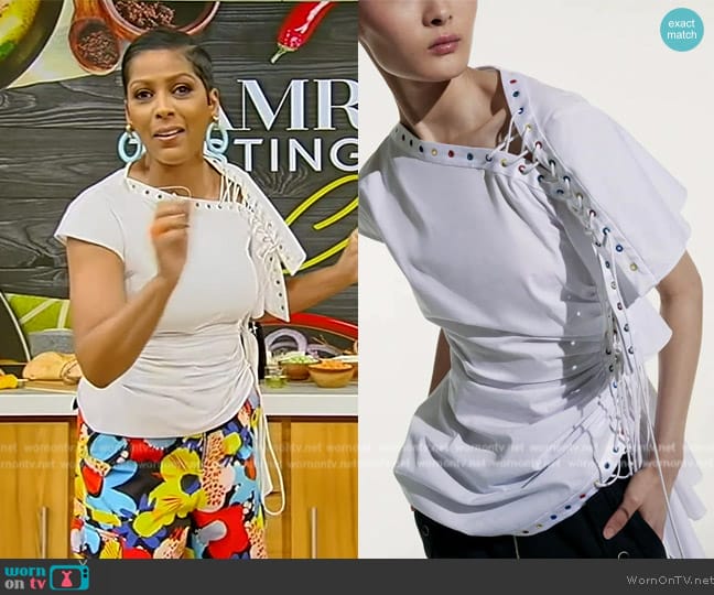 Christopher John Rogers Asymmetric Lace Up Top worn by Tamron Hall on Tamron Hall Show