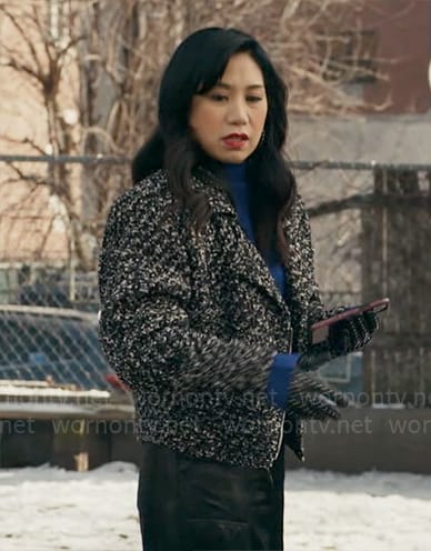 Mel's black and white tweed jacket on The Equalizer