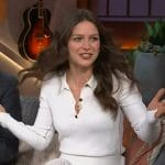 Melissa Benoist’s white ribbed polo and skirt on The Kelly Clarkson Show