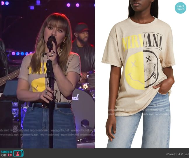 Merch Traffic Nirvana Split Smiley Graphic T-Shirt worn by Kelly Clarkson on The Kelly Clarkson Show