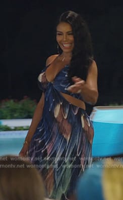 Mia's blue feather print cutout dress on The Real Housewives of Potomac