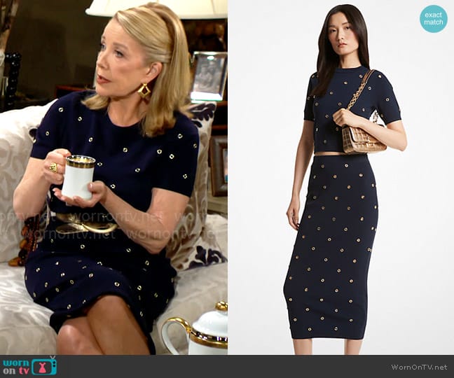 MICHAEL Michael Kors Grommet-Embellished Stretch Viscose Sweater and Skirt worn by Nikki Reed Newman (Melody Thomas-Scott) on The Young and the Restless