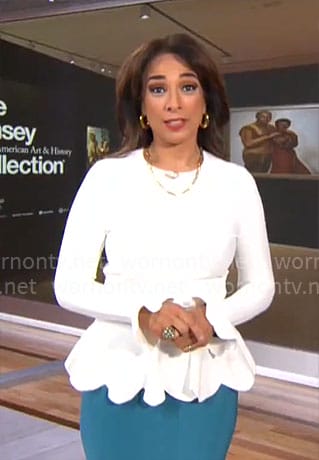 Michelle Miller’s white scalloped trim peplum top on CBS Mornings