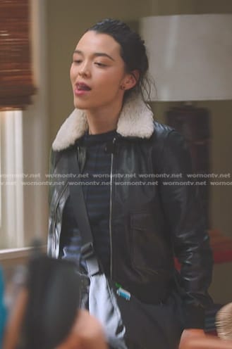 Mika’s black shearling collar leather jacket on Greys Anatomy