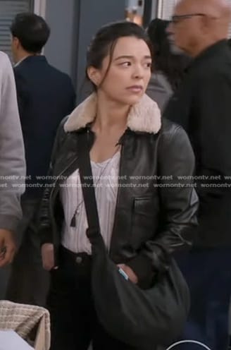 Mika's black shearling collar leather jacket on Greys Anatomy