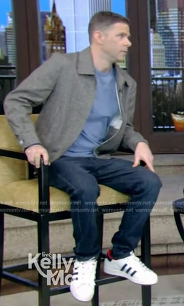 Mikey Day's gray blazer on Live with Kelly and Mark