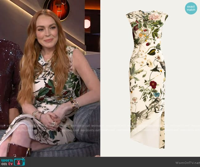 Monse Floral Skeleton Print Asymmetric Velvet Dress worn by Lindsay Lohan on The Kelly Clarkson Show