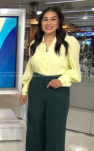 Morgan’s yellow blouse and green pants on NBC News Daily