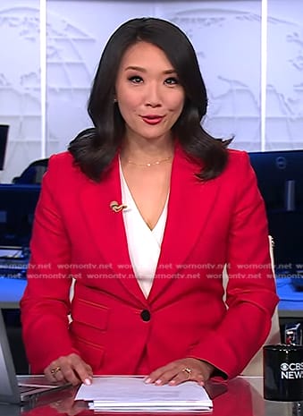 Nancy Chen’s dark pink blazer on CBS Evening News