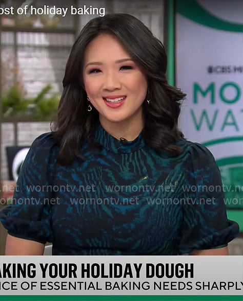 Nancy Chen's blue and green animal print midi dress on CBS Mornings