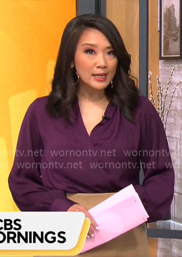 Nancy Chen's purple wrap blouse on CBS Mornings